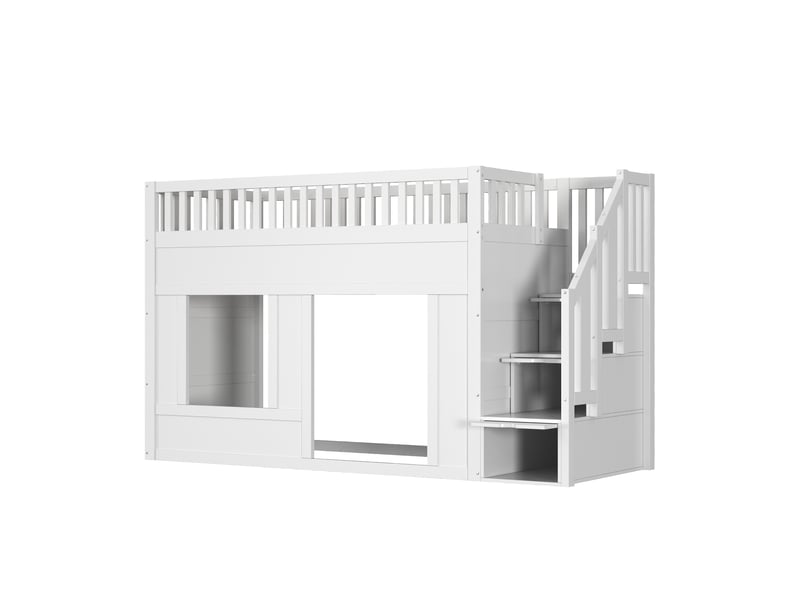  Lit mezzanine cabane 90 × 200 cm, escalier avec rangements, fenêtres et espace inférieur modulable, bois et mdf, blanc  - Conforama E