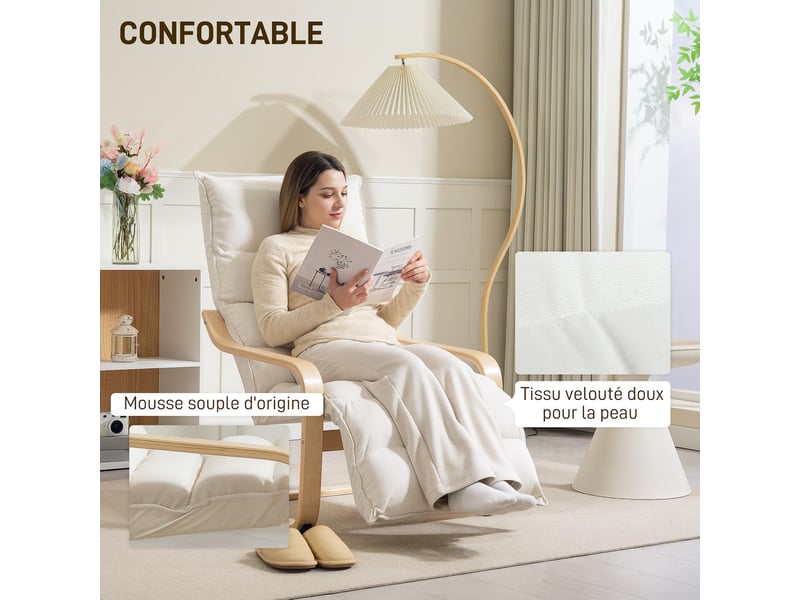  Fauteuil d'appoint en velours avec repose-pieds réglable crème 67x93x105 cm  - Conforama D