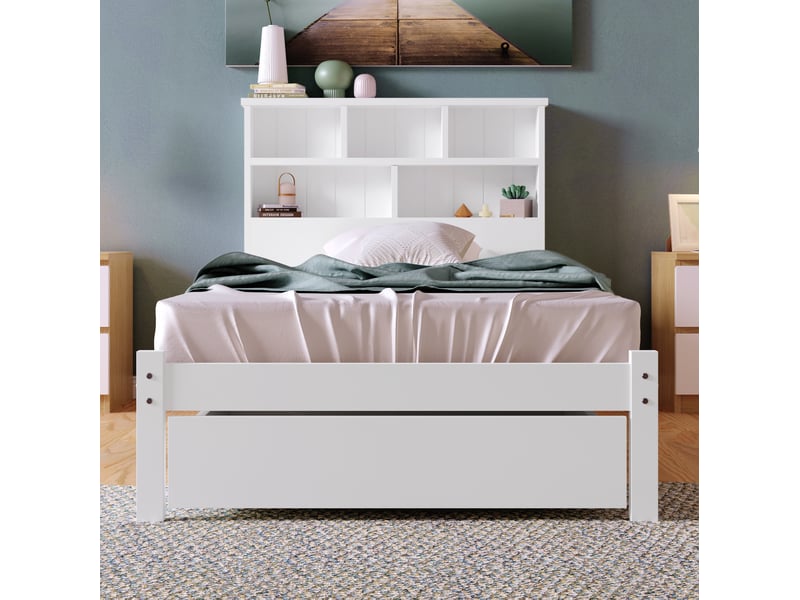Lit simple 90 × 200 blanc en pin, tête bibliothèque et tiroir IKSETERA TRADING LTD - Conforama D