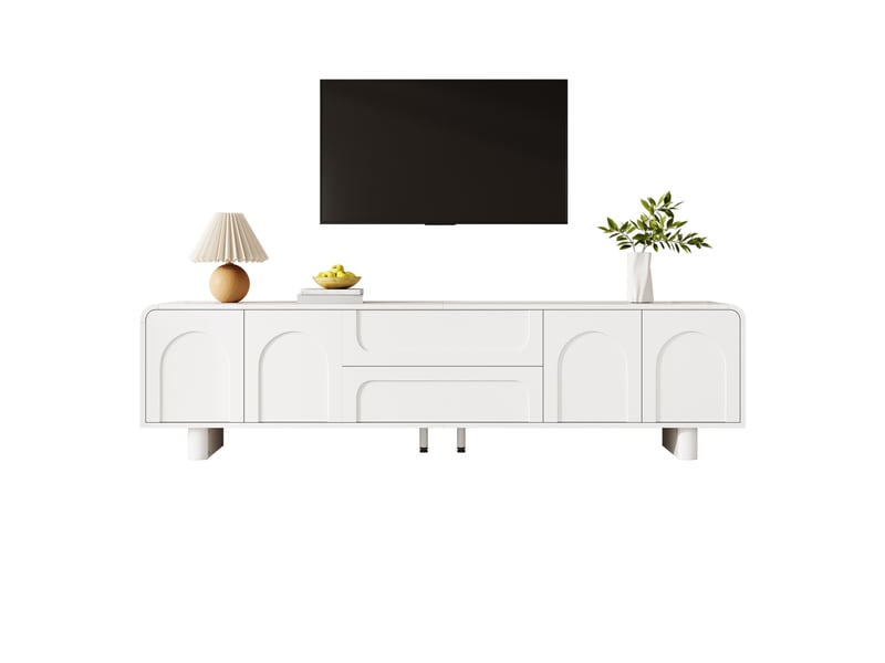  Meuble tv blanc, 2 tiroirs, rangement, gestion des câbles, fermeture douce, étagères réglables, plan relevable - 180x40x46cm - salon  - Conforama A