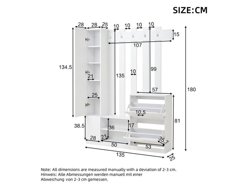  Vestiaire d'entrée avec miroir, meuble à chaussures et 5 patères blanc 135x25x180 cm N625P304572573W - Conforama C