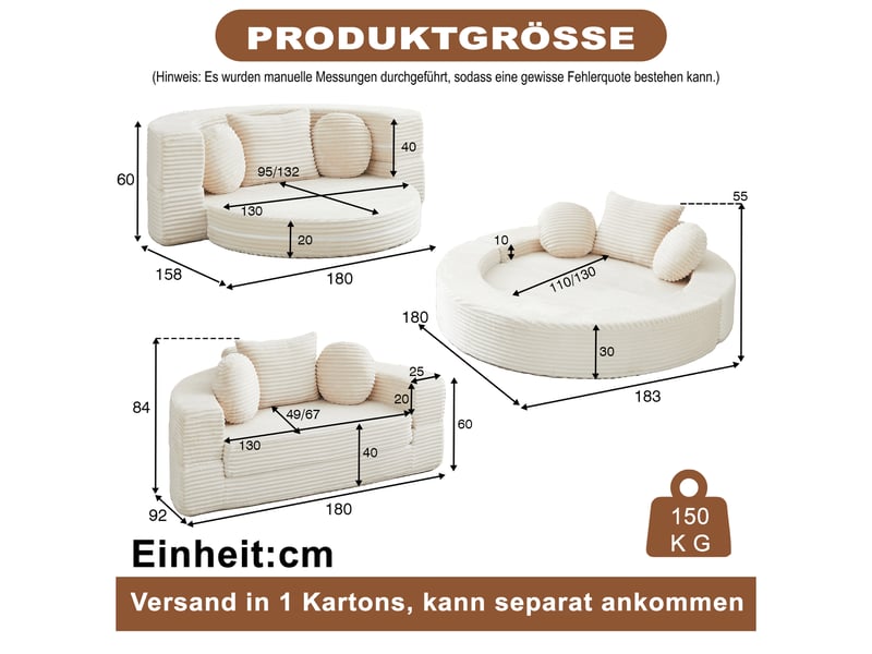  Canapé-lit 4-en-1 multifonction, sofa demi-rond convertible en lit rond, design compact, 2 coussins ronds et 1 coussin carré, salon  - Conforama C