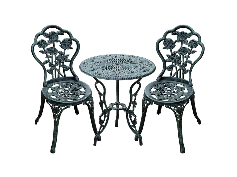  Salon de jardin 3 pièces 60 x 60 x 69 cm vert antique, aluminium moulé, table ronde et 2 chaises pour balcon et terrasse  - Conforama A