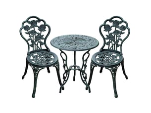 Salon de jardin 3 pièces 60 x 60 x 69 cm vert antique, aluminium moulé, table ronde et 2 chaises pour balcon et terrasse