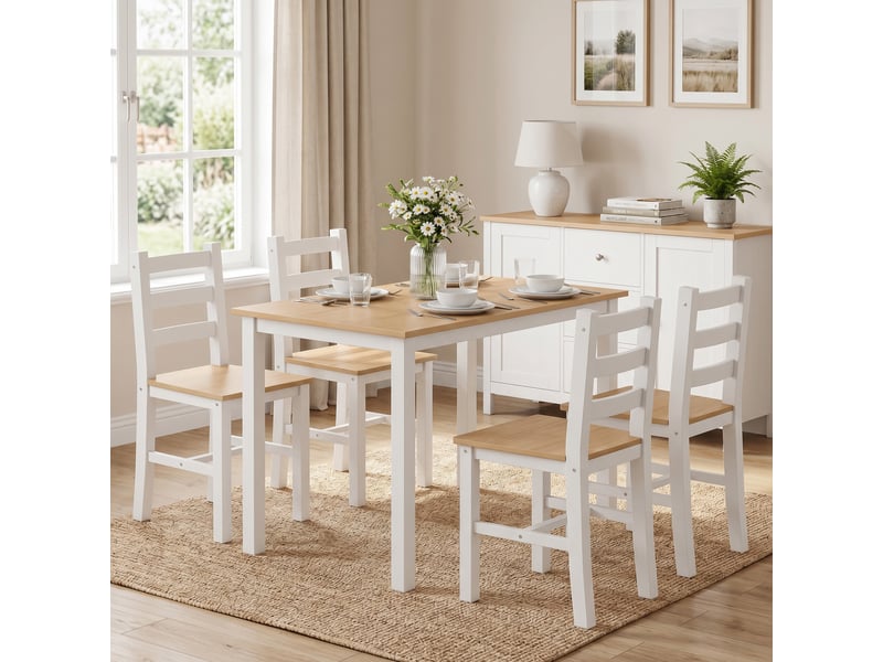 Ensemble de salle à manger 5 pièces pour 4 personnes, table et chaises de style champêtre en bois massif, naturelblanc - Conforama C