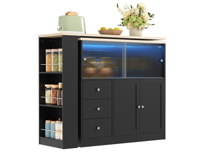  Îlot de cuisine plateau extensible avec 3 tiroirs et 4 portes 172x40x96 cm, roulettes verrouillables, pivotant en mdf c  - Conforama A
