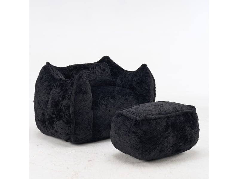  Fauteuil pouf en fausse fourrure avec coussin et repose-pieds ergonomique, pour adultes et enfants noir  - Conforama A