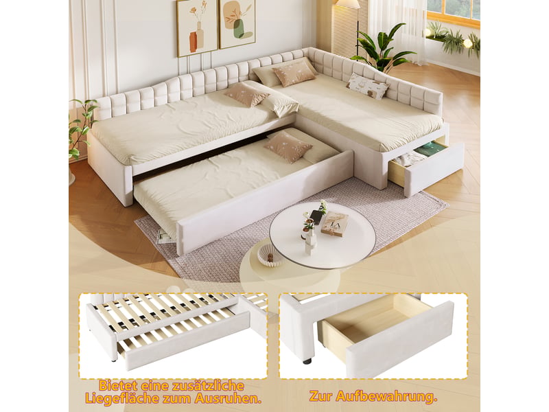  Lit gigogne 3 places 90×200 cm et 90×190 cm, avec tiroirs - okmyhome- en flanelle beige, sans matelas  - Conforama E