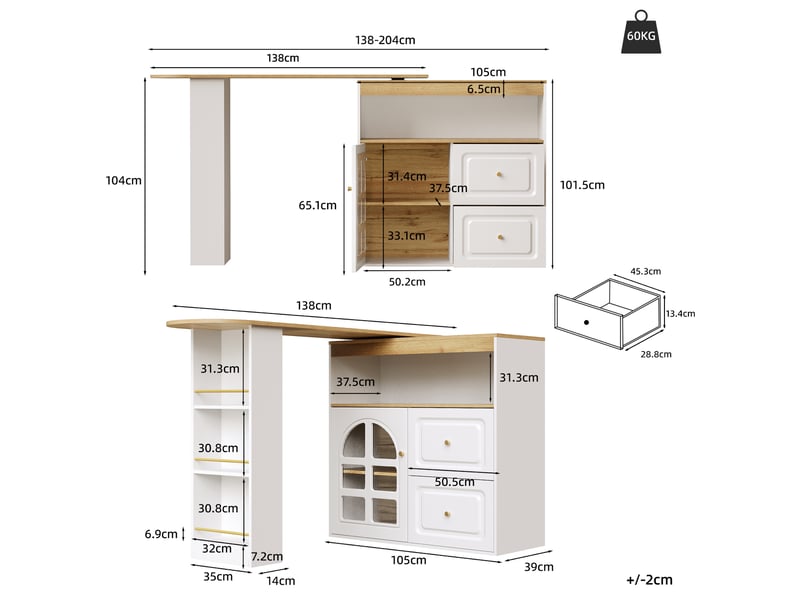  Bar blanc - 204cm table de bar blanc - Conforama C