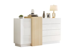 Buffet blanc laqué brillant 2 portes 4 tiroirs meuble de rangement moderne 140 cm