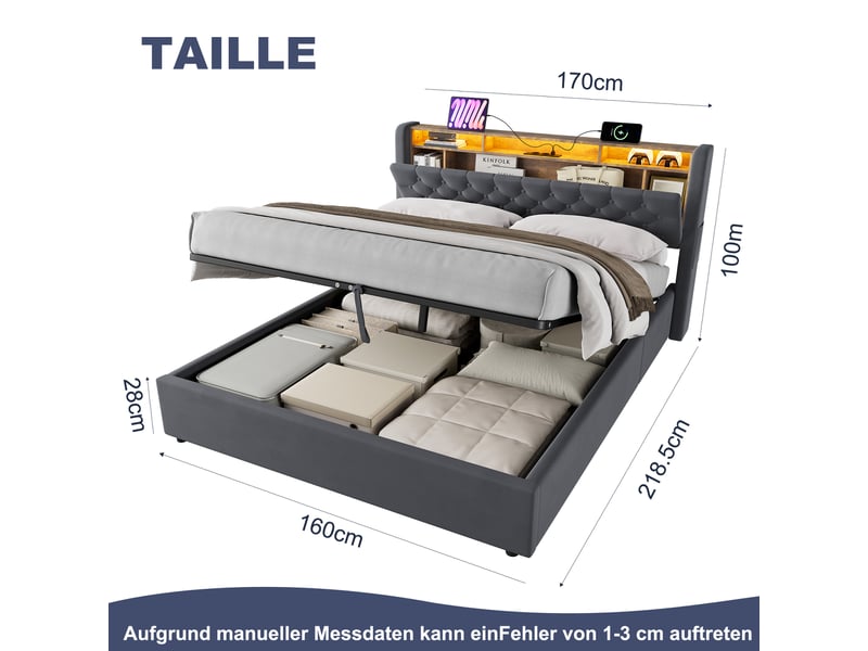  Tcqpz lit coffre 160x200 cm gris avec tête de lit rangement  - Conforama C