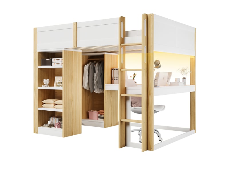Lit mezzanine 140x200 cm avec bureau en l, armoire, étagères à 4 niveaux et espaces de rangement, avec bureau intégré - blanc et naturel - Conforama A