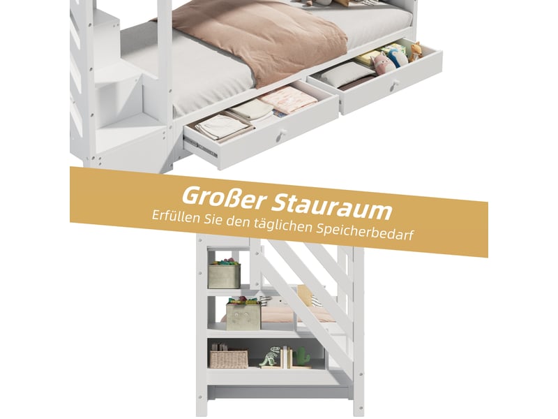 Lit combiné enfant, lit simple 90×200 cm avec escalier de rangement, 2 tiroirs - okmyhome- blanc, sans matelas - Conforama E