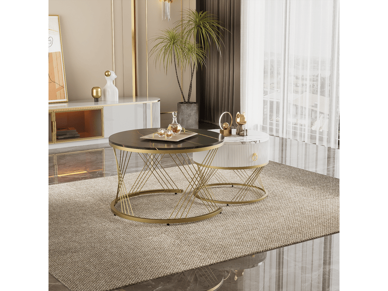  Table basse, effet marbre, lot de 2, 2 tiroirs, pieds en métal, design moderne et fonctionnel pour salon  - Conforama B