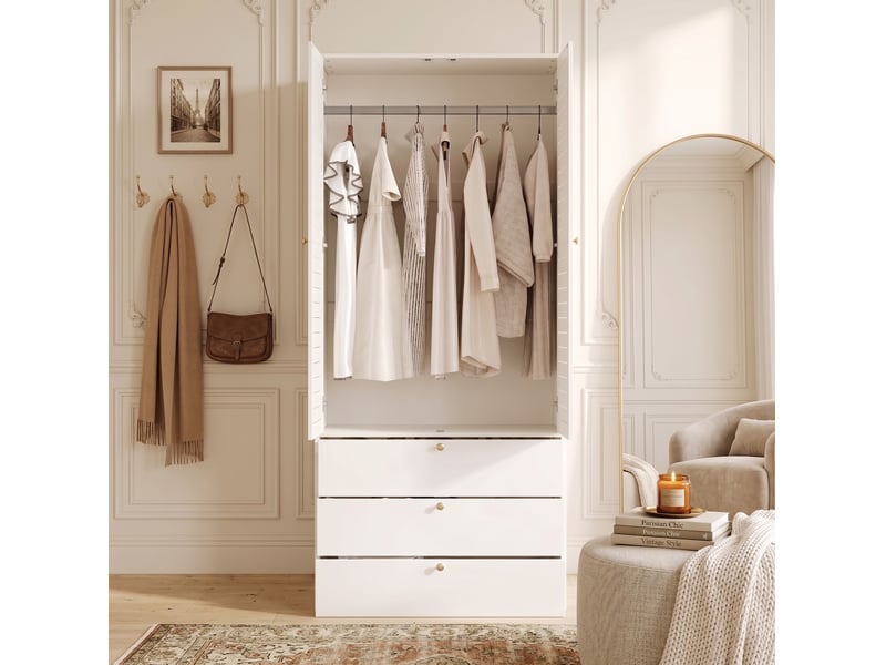 Armoire 2 portes modenvie à lamelles 90 x 50 x 200 cm avec 3 tiroirs blanc - Conforama E