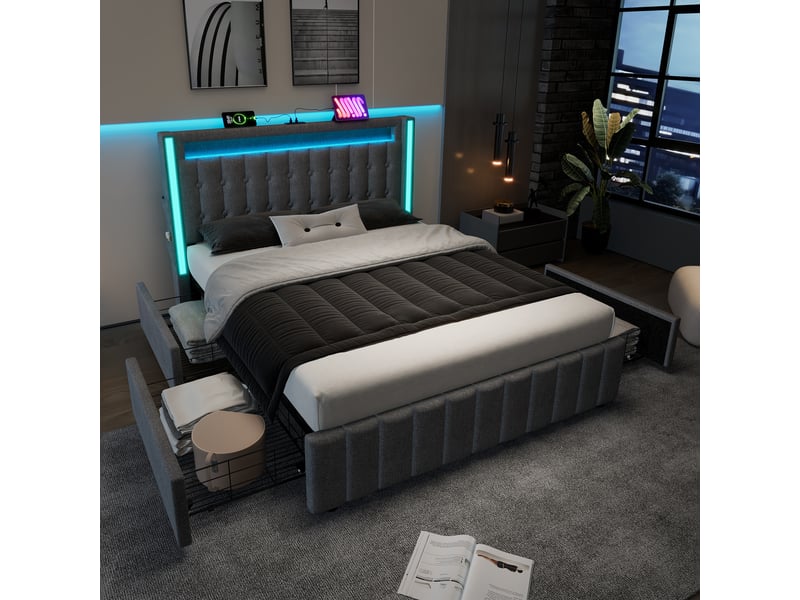 Lit double 160x200cm, éclairage led, 4 tiroirs, port de charge usb, type-c, design épuré, incluant un matelas, lin, gris - Conforama R