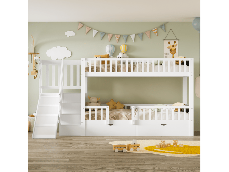  Lit superposé enfant 90x200 cm avec toboggan, escalier et 2 tiroirs blanc  - Conforama B