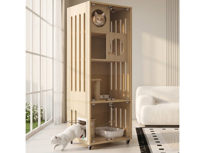 Meuble vitré mobile 60 x 50 x 156 cm, avec roulettes, trappe d’accès et serrure, finition naturelle  - Conforama R