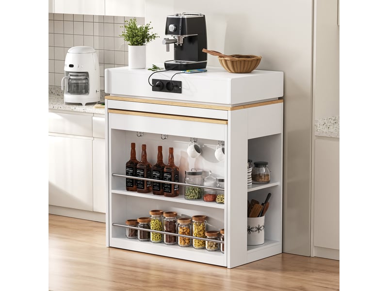  Îlot de cuisine extensible à roulettes 83x46x96 cm avec prises, blanc  - Conforama B