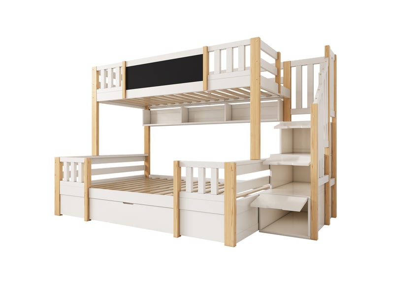 Lit superposé enfant 90x200 et 140x200 cm – blanc et naturel – escalier-rangement intégré, tiroirs, tableau - Conforama D
