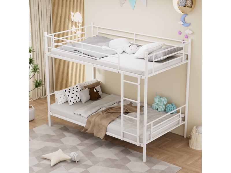  Lit superposé 90 × 190 cm 2 places avec échelle antidérapante et barrières hautes, sans matelas, en acier, blanc  - Conforama C