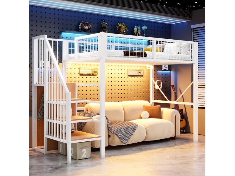  Lit mezzanine 90x200 cm avec escalier et rangements intégrés, éclairage led, métal, coloris blanc, vendu sans matelas  - Conforama B