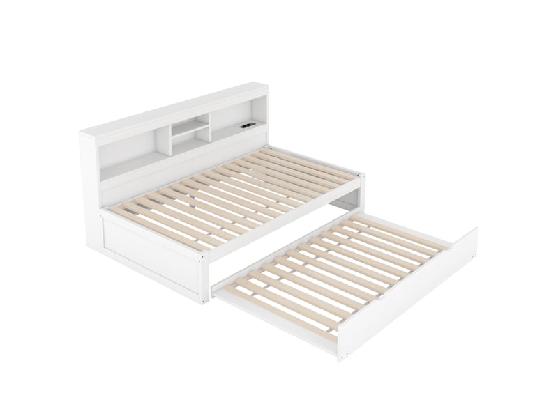  Lit banquette blanc 90x200 cm, lit gigogne, led, rangements, prise et usb  - Conforama D
