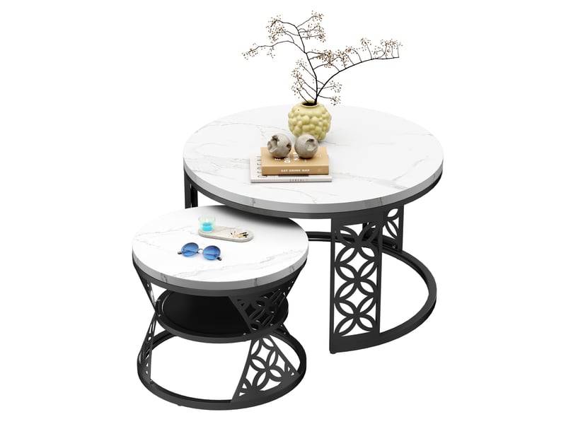  Table basse gigogne ronde 2 pièces effet marbre blanc structure métal noir cravdom  - Conforama A