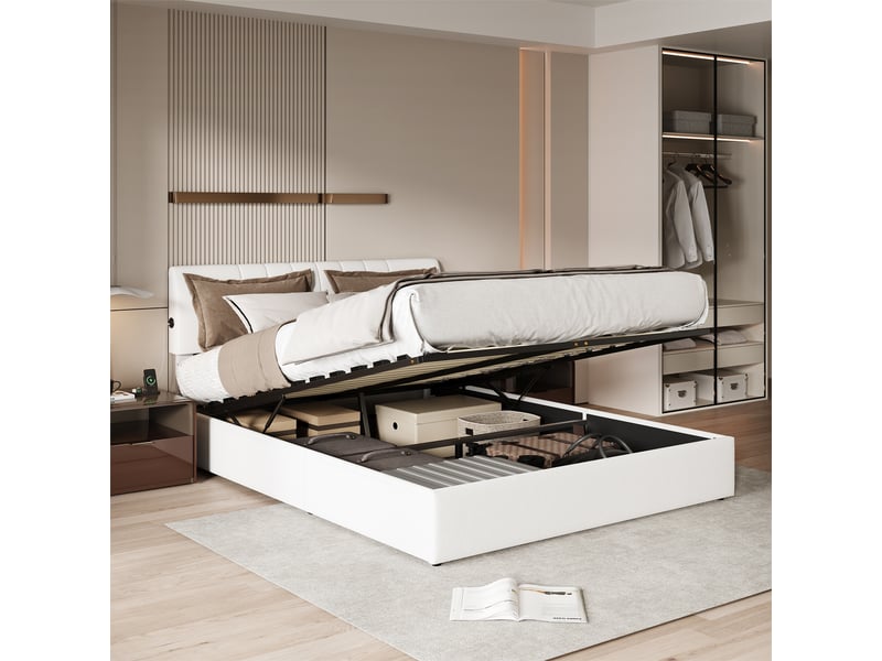  Lit coffre hydraulique 140 x 190 cm-blanc - lit double rembourré en tissu bouclette avec tête de lit réglable et ports usb  - Conforama E
