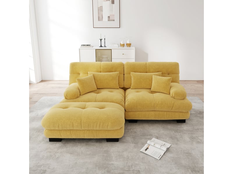 Canapé modulaire avec ottoman, assise profonde et coussins lombaires, configuration droite ou d’angle, en chenille jaune - Conforama C