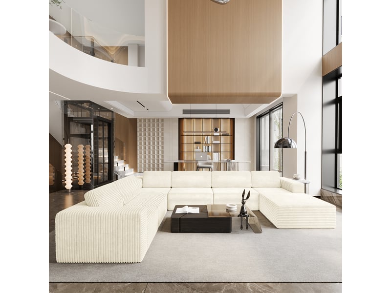 Canapé modulaire panoramique 7 places ouvert à droite,velours côtelé,1 pouf,canapé compressé pour grand salon,404x303x82cm,beige 404x303x82CM - Conforama B