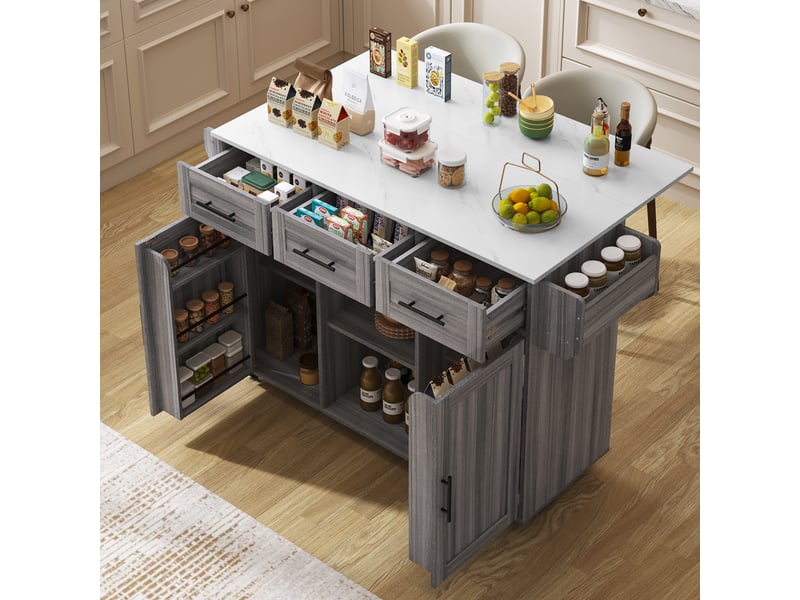  Îlot de cuisine gris avec plateau rabattable et effet marbre blanc, chariot de service avec rangement, 139x46x91.5 cm  - Conforama C