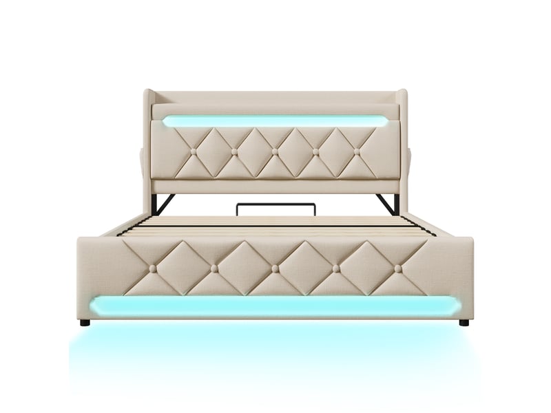 Lit coffre rembourré led 360° avec rangement et usb-c, beige, 180x200 cm Fay Lum - Conforama E