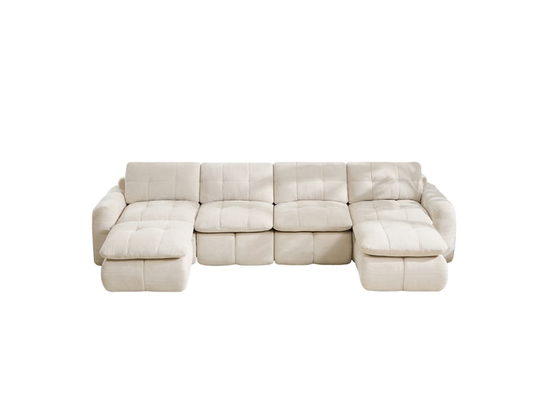  Canapé panoramique modulable 4 places en chenille beige – 334 x 160 x 68 cm Fay Lum - Conforama A