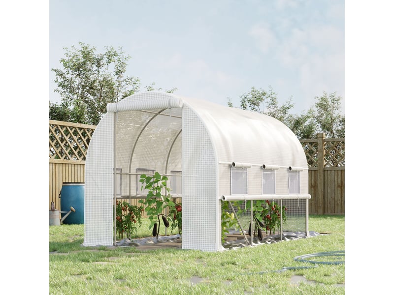 Serre en aluminium, 6 fenêtres enroulables, porte zippée, structure en acier inoxydable, 2,95 x 2 x 2 m, blanche - Conforama C