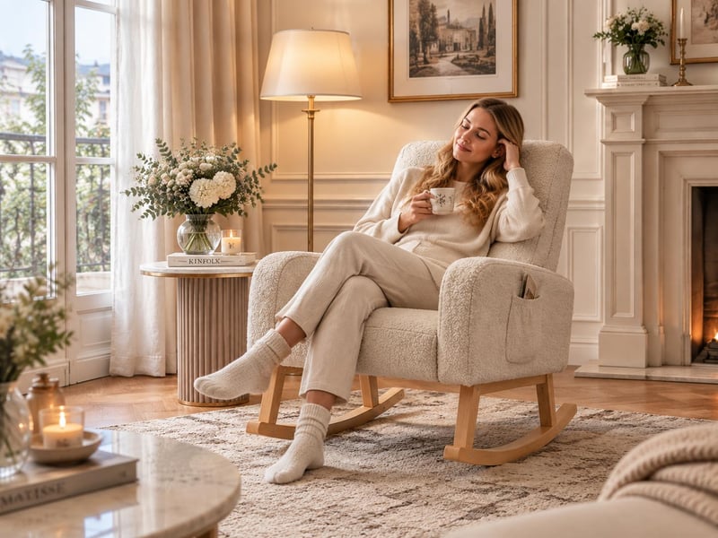  Fauteuil à bascule rembourré – fauteuil à bascule moderne – larges accoudoirs avec poches – assise spacieuse – peluche ours en peluche gris clair  - Conforama C