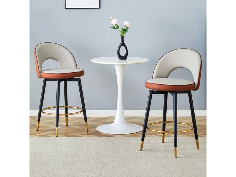  Lot de 2 tabourets de bar 44x47.4x92cm – pivotants à 360° avec dossier ajouré et repose-pieds – similicuir pu - gris clair et marron  - Conforama E