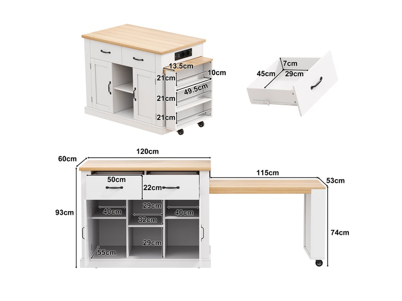  Desserte de cuisine avec table escamotable, 2 portes, 2 tiroirs, roulettes, prises et étagères pour salle à manger  - Conforama C
