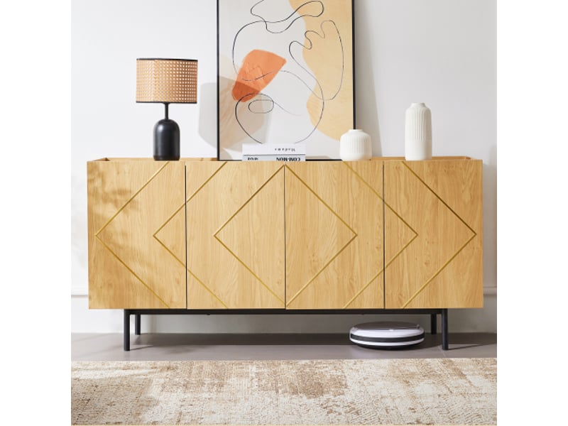  Buffet de salon,avec 4 portes et incrustation en métal,polyvalente armoire d'appoint, armoire sur pied,bois naturel,78x160x40 cm  - Conforama B