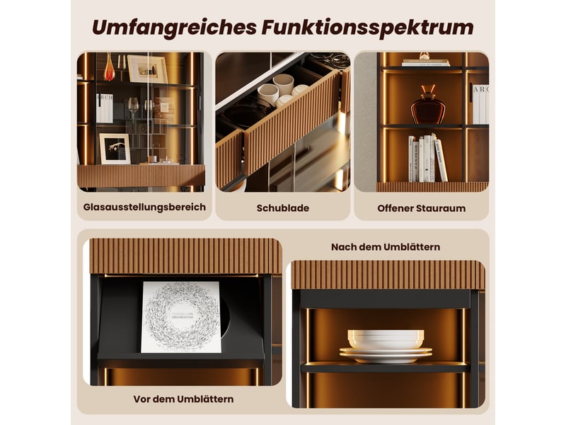  Vitrine haute 120x28,5x180 cm noire avec portes coulissantes en verre trempé, led, 3 tiroirs, étagères ouvertes, meuble rangement salon bureau  - Conforama D