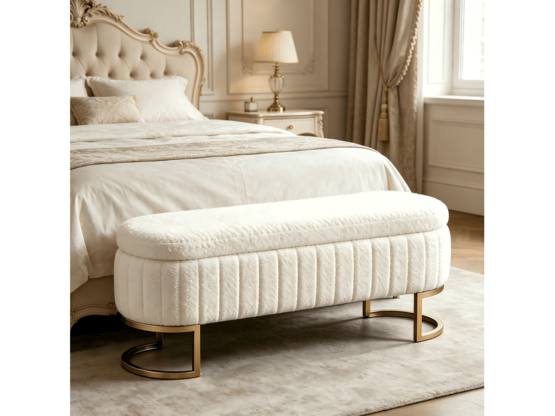  Banc coffre de lit 129,5 x 42 x 46 cm beige en velours, pieds métalliques dorés avec rangement intérieur  - Conforama B
