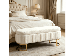 Banc coffre de lit 129,5 x 42 x 46 cm beige en velours, pieds métalliques dorés avec rangement intérieur