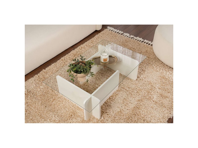  Table basse de salon en verre trempé et bois mdf mélaminé bois blanc 105 x 65 x 30 cm  - Conforama C