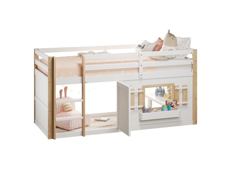  Lit enfant en mezzanine, 90x200 cm, échelle, couchage en hauteur, pour chambre, matelas non inclus, bois, coloris blanc  - Conforama A