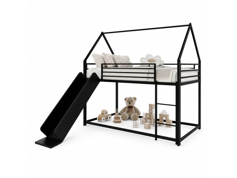  Lit superposé 90×190 cm 2 places avec toboggan, escalier et barrières en métal noir sans matelas  - Conforama A