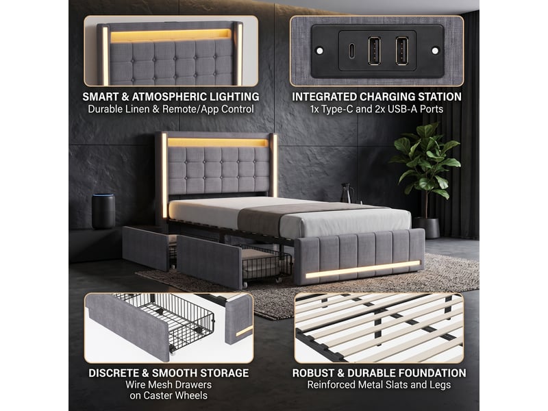  Dreammespace lit simple 90x200 cm avec 2 tiroirs et prises usb type-c éclairage led sommier à lattes chambre tissu lin gris DreamMespace - Conforama D