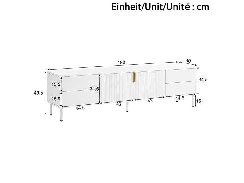Meuble tv 180x40x49,5 cm avec 4 tiroirs et portes rainurées blanc - Conforama C