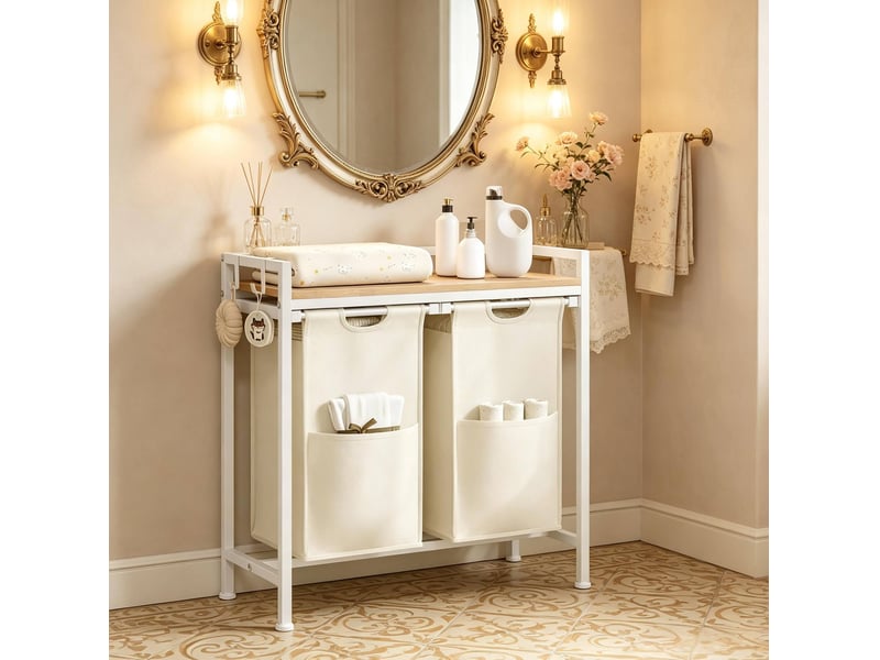  Trieur de linge 70x71x30 cm 2 compartiments bois métal blanc chêne clair  - Conforama B
