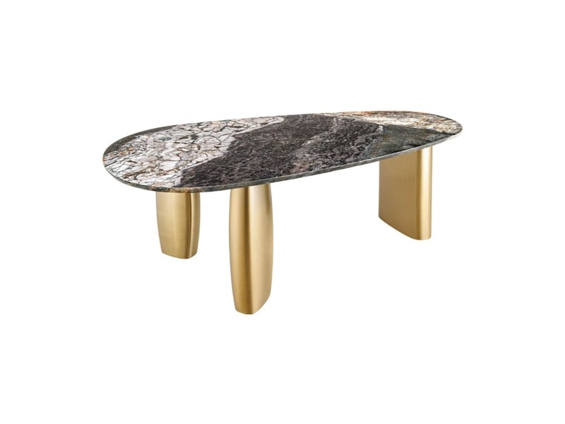 Table de salle à manger nera – ovale 200 cm – plateau marbre gris – pieds métal or – style chic - Conforama A