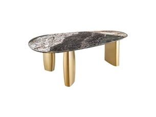 Table de salle à manger nera – ovale 200 cm – plateau marbre gris – pieds métal or – style chic